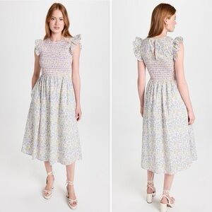English Factory Lavender Floral Midi Dress with Yellow Accents